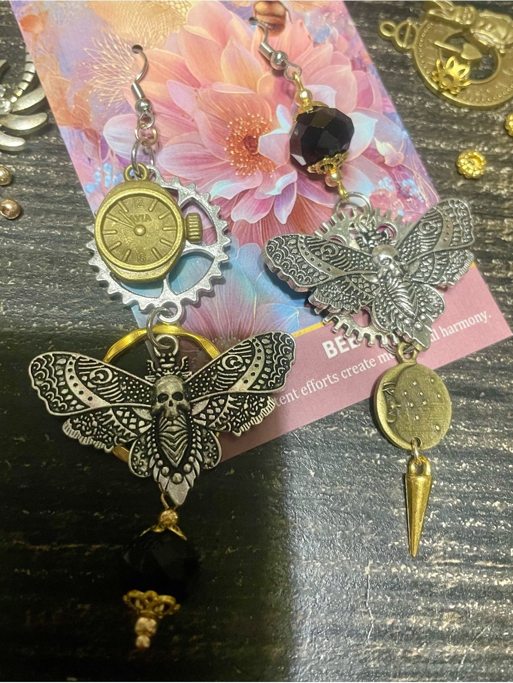 Hand Crafted Asymmetrical Steampunk Moth Dangle Earrings